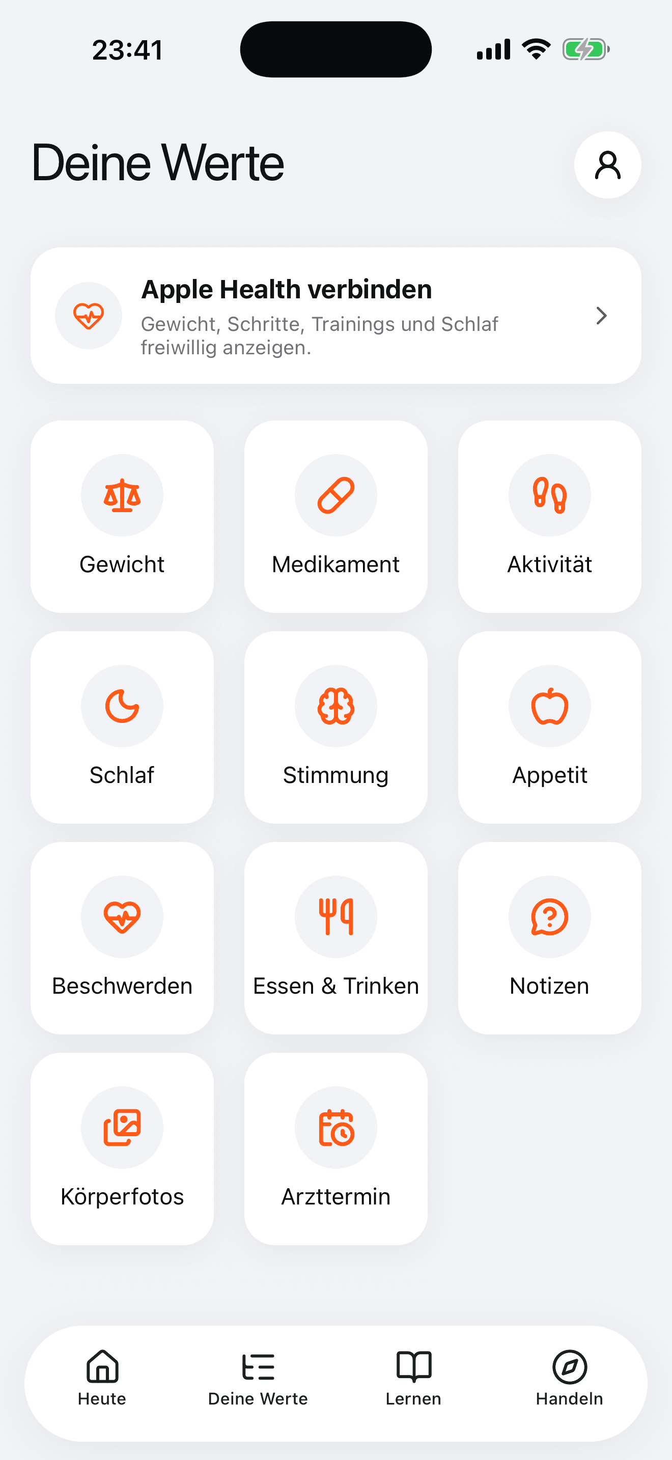 MyCue Deine Werte mit Ernährung, Gewicht, Wohlbefinden, Schlaf und Bewegung