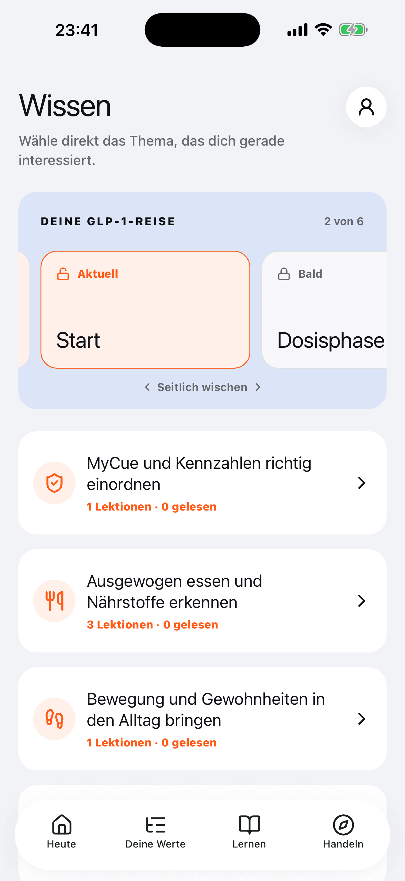 MyCue Wissen mit Inhalten zu Anwendung, Ernährung, Beschwerden und Bewegung