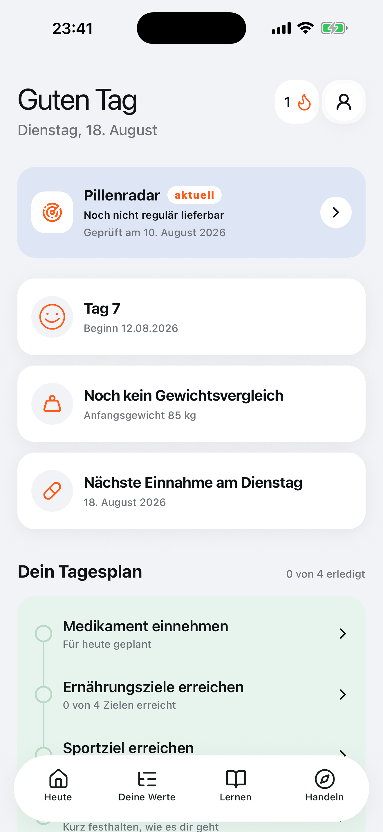 MyCue Heute mit Begleitung, nächster Einnahme und Kalender