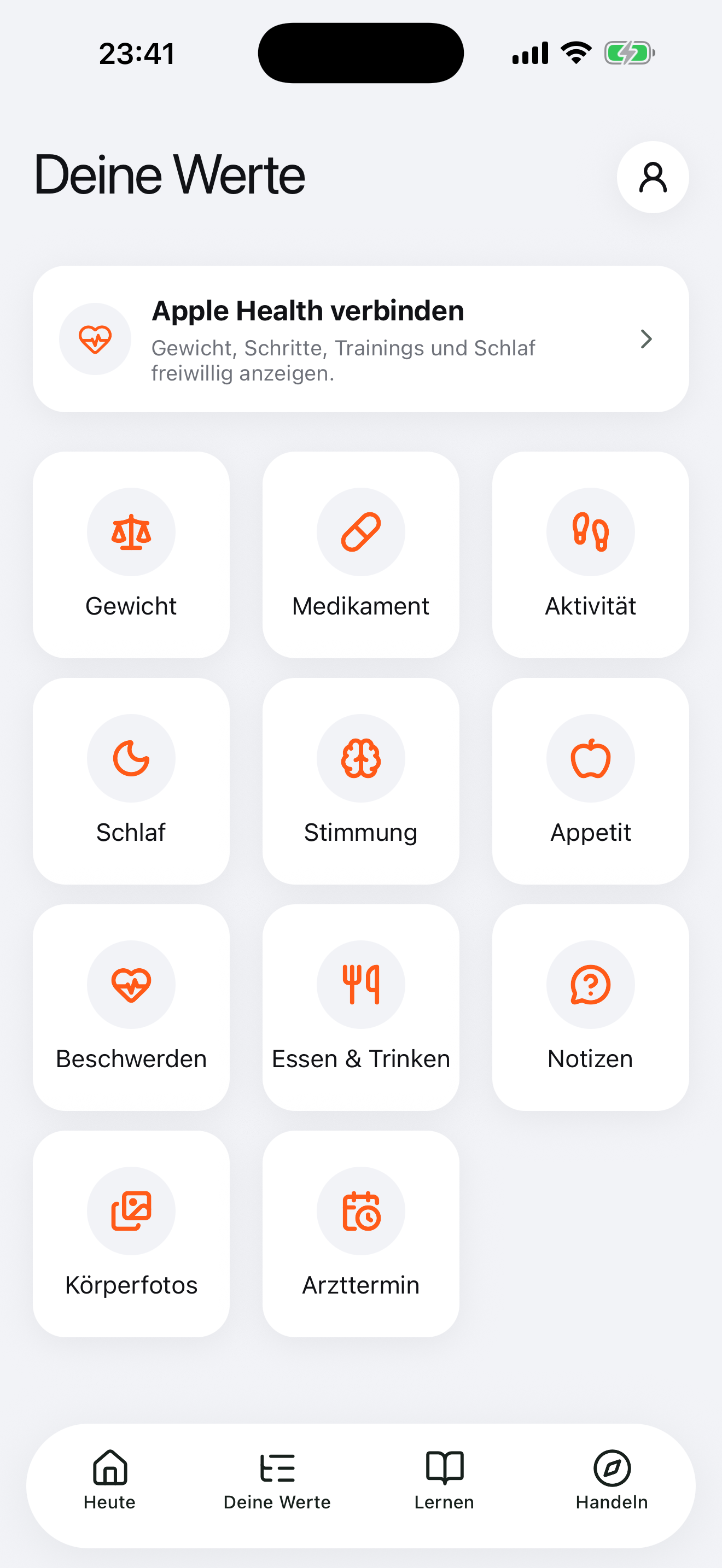 MyCue Übersicht für Gewicht, Appetit und weitere persönliche Werte