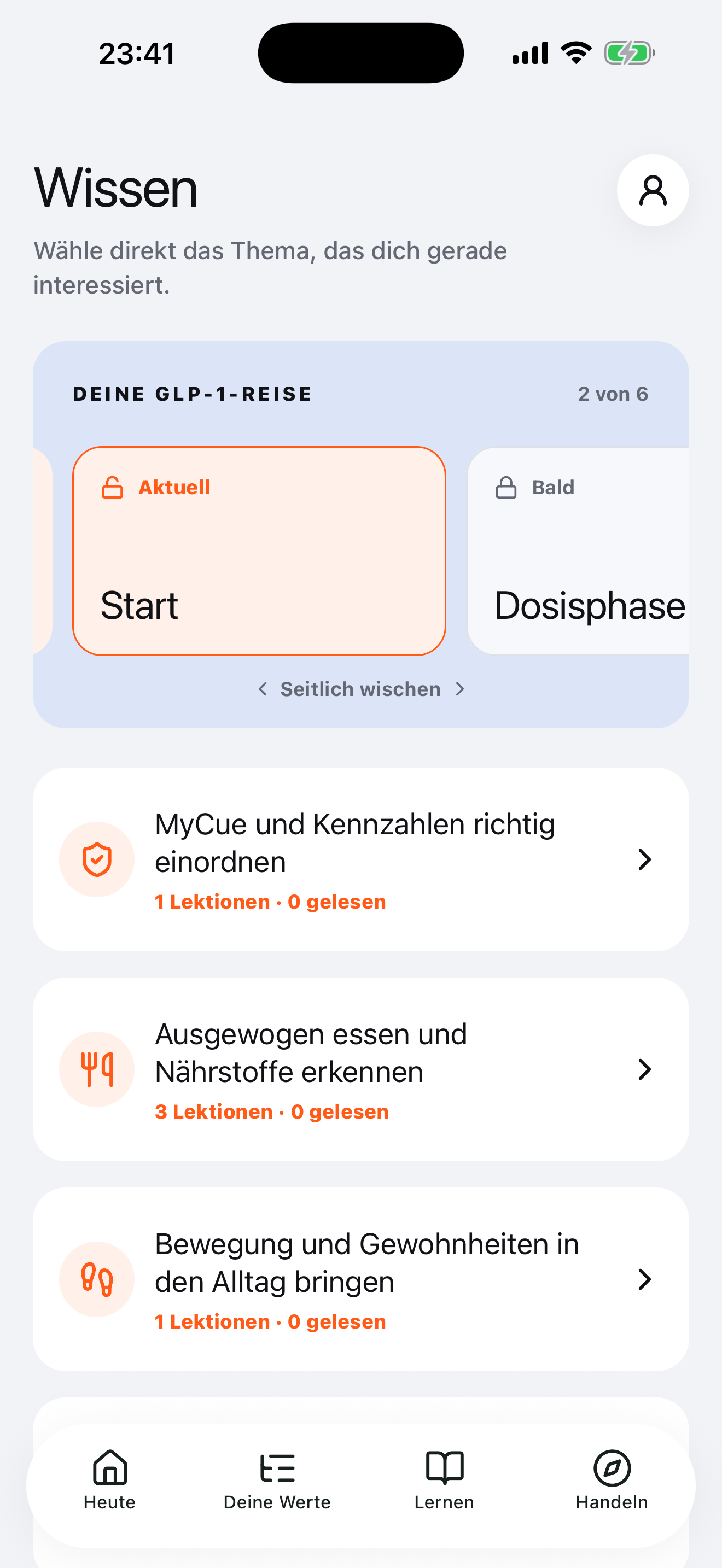 MyCue Wissen mit übersichtlichen Themen zur GLP-1-Reise